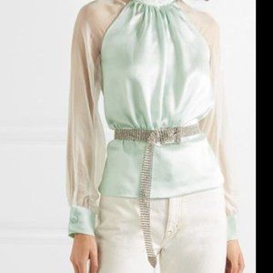 HARMUR Open-back belted silk-satin and crepon blouse